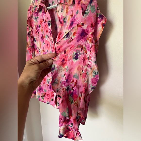 ZARA Pink Floral Button Down Long Sleeve Sheer Blouse with Collar Women’s Size S - Picture 7 of 13
